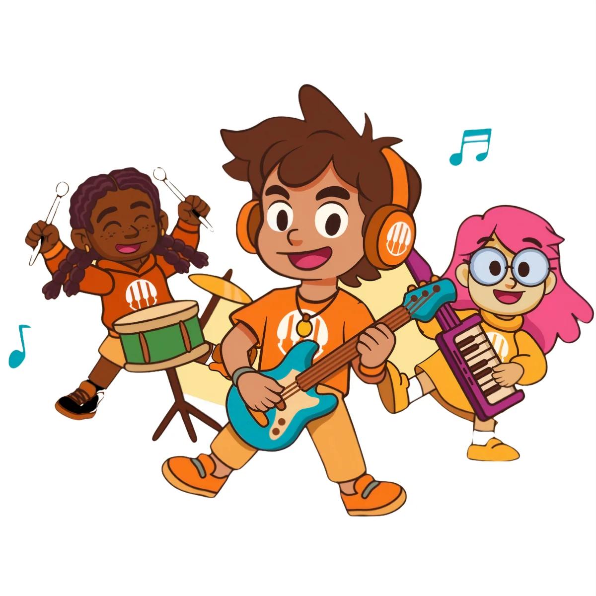 Three diverse children playing musical instruments - drums, guitar, and keyboard with musical notes floating around