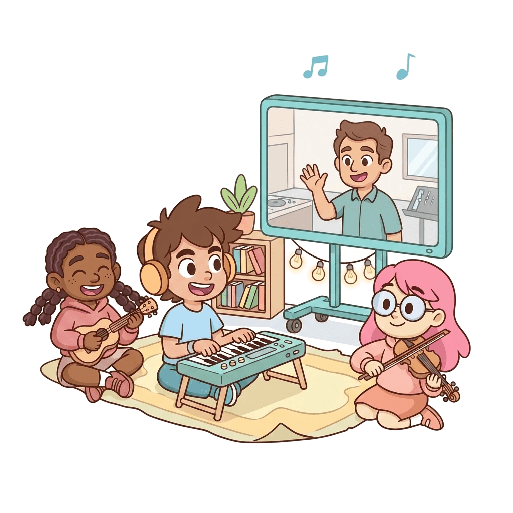 A live online music class in a microschool space — students gathered around a rolling screen with their Thoven teacher