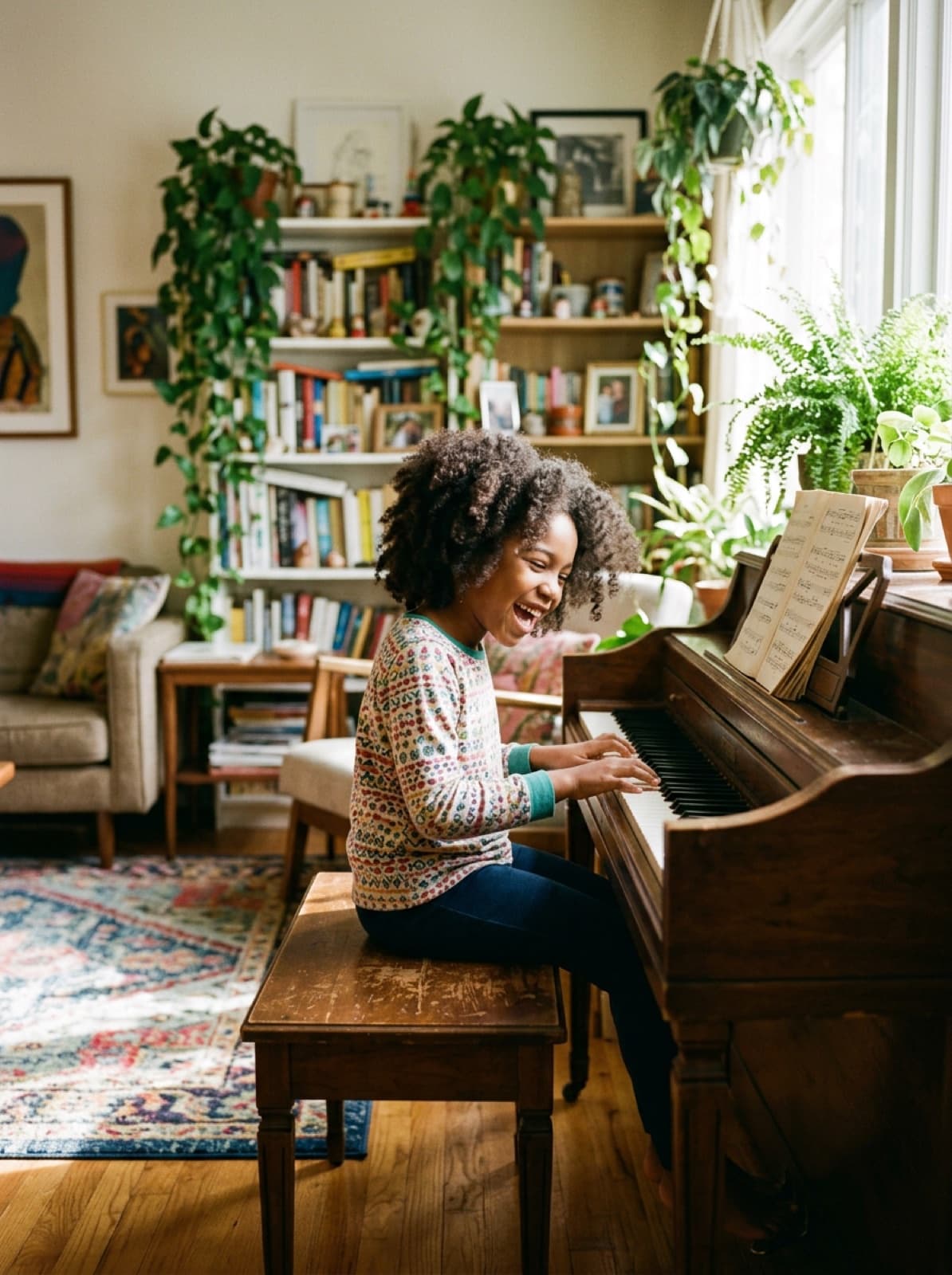 A girl plays an upright piano at home