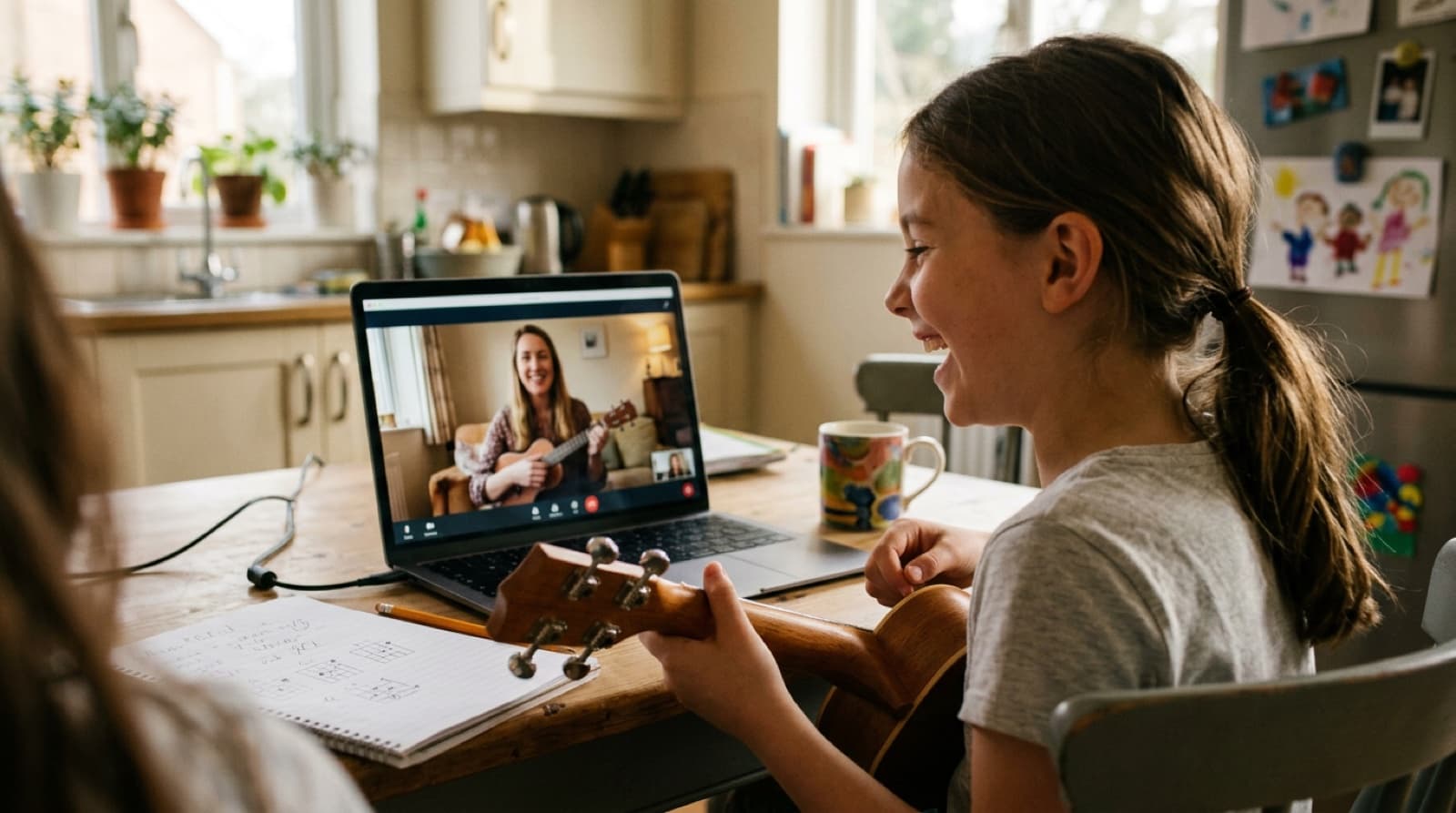 A girl plays guitar in her kitchen with her teacher on a laptop