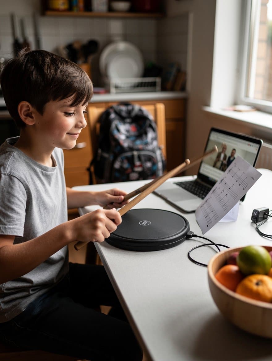A boy practises on a drum pad at the kitchen table