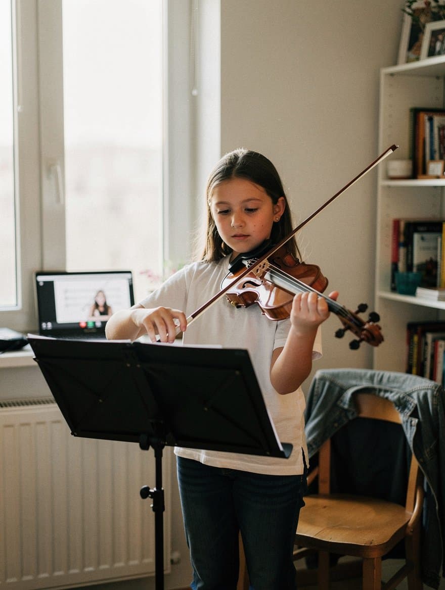 A girl plays violin at her music stand while her teacher watches on a laptop