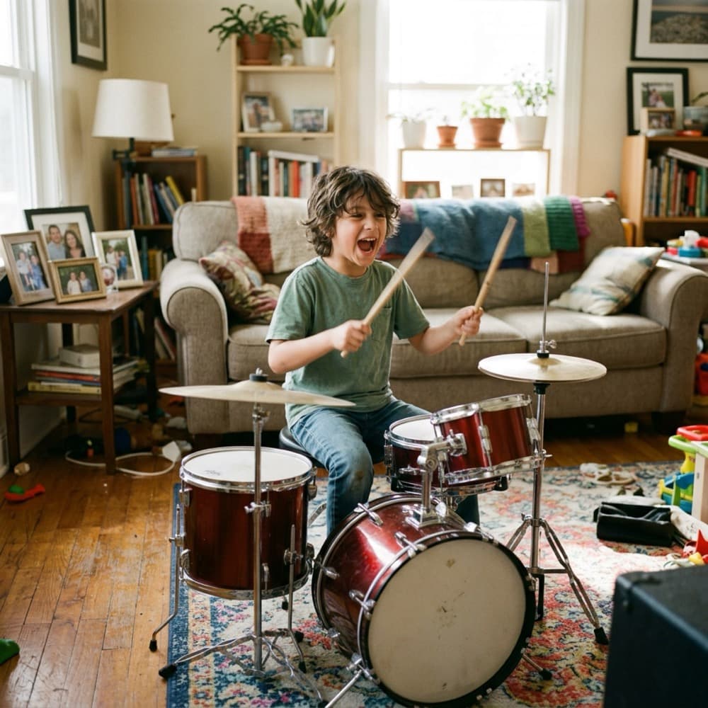 A boy laughs as he plays a drum kit in the living room