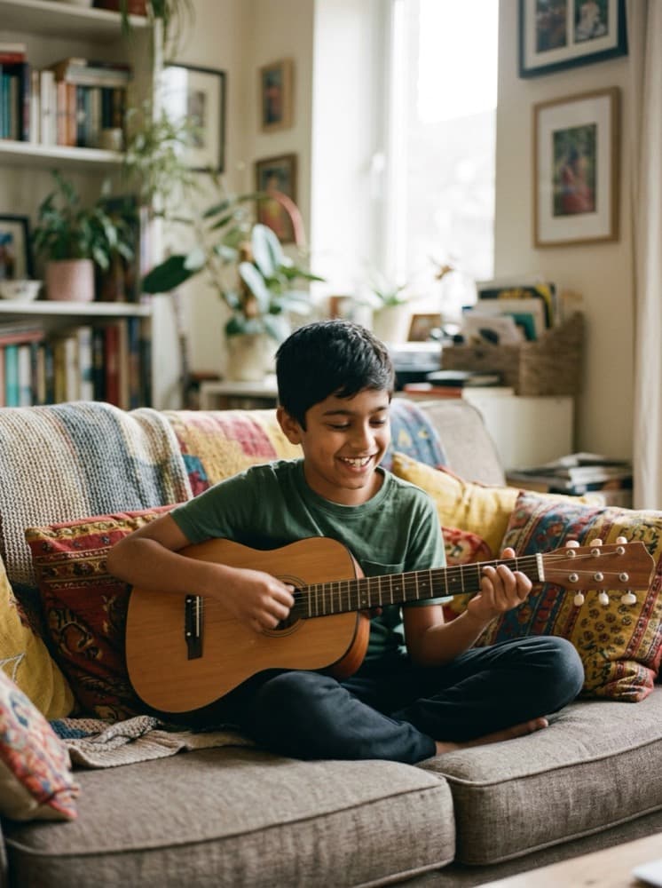 A boy smiles as he plays guitar on the living room sofa