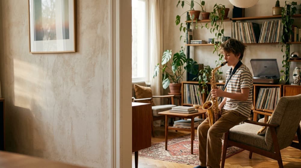 A boy plays saxophone in a sunny living room