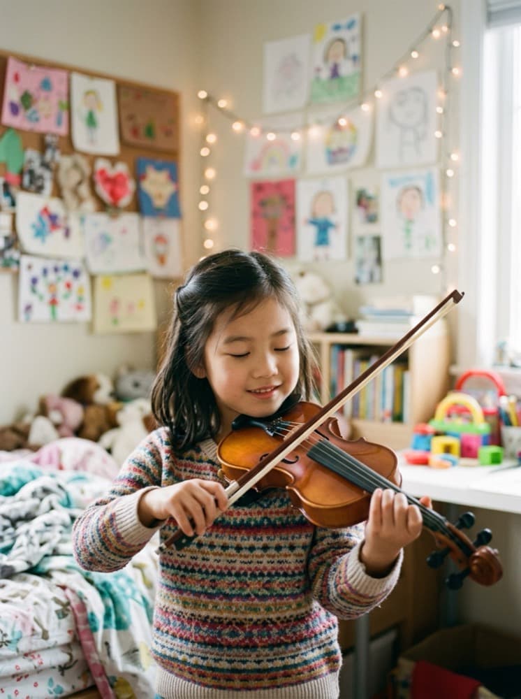 A girl plays violin in her bedroom with her eyes closed and a smile