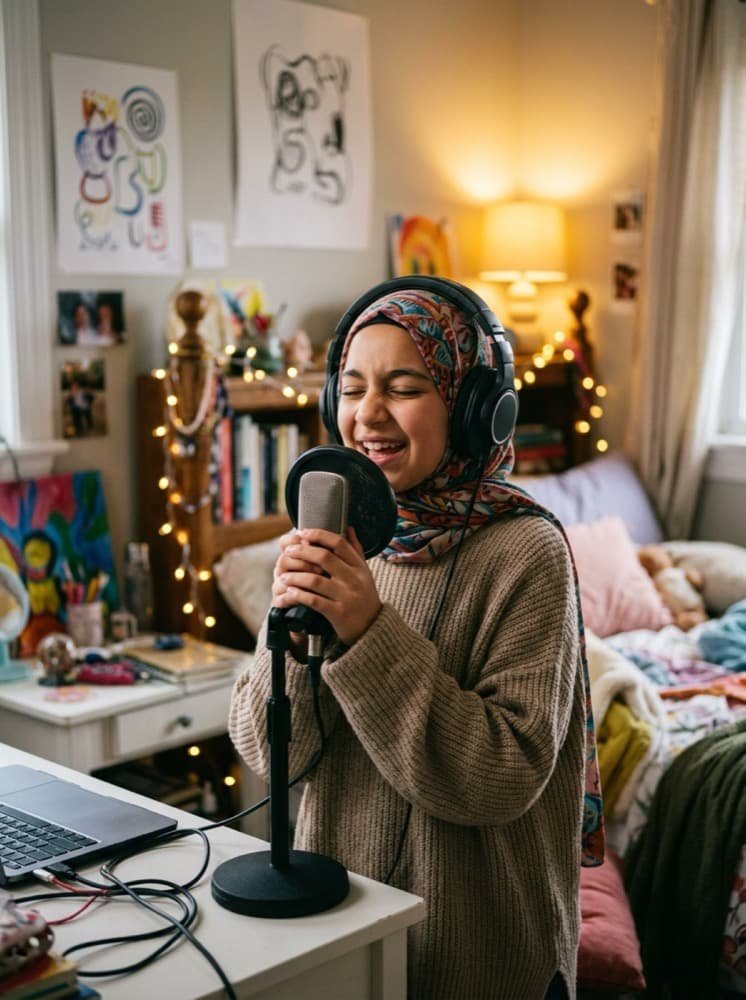 A girl sings into a microphone in her room, with headphones on and a laptop beside her